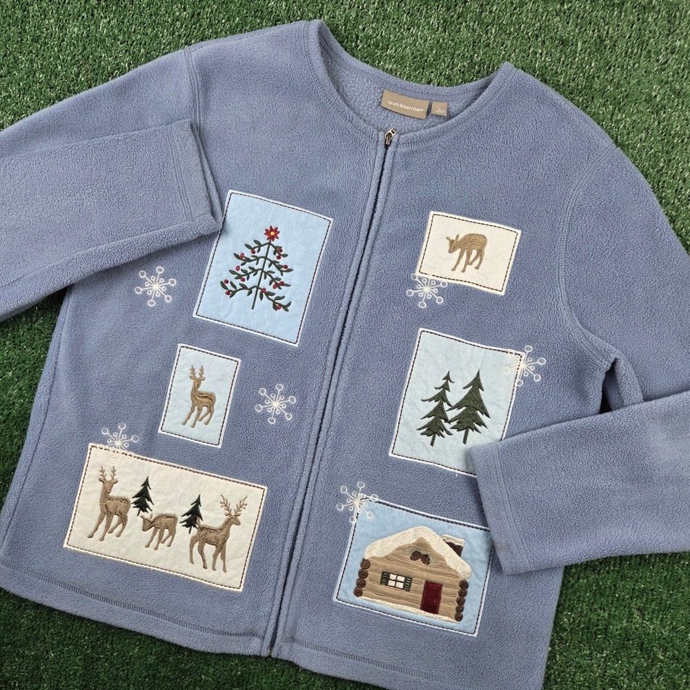 Croft & Barrow Blue Fleece Winter Cabin Reindeer Zip Up Jacket Womens Large